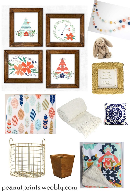 Mint, coral, navy tribal nursery mood board from Peanut Prints Boutique